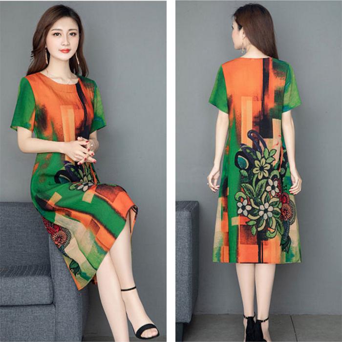 M-XXXXL Plus Size Polyester Short-sleeved Dress Summer Over-the-knee Round Neck Exquisite Printing