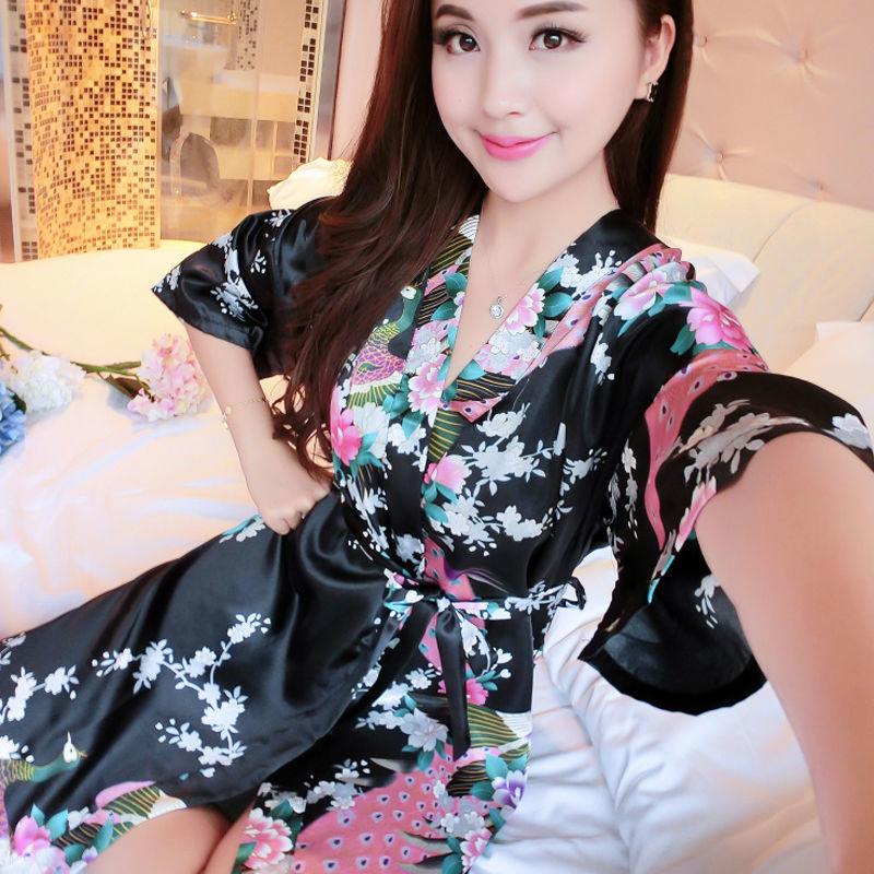 Women Sexy Silk Satin Knee Length Robe Bathrobe Peacock Floral Print Kimono Pajamas Cardigan