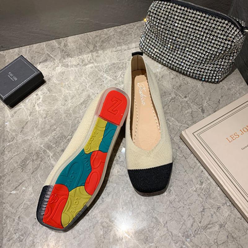 Knitted Flat Shoes Women's Spring Korean All-match Square Toe Peas Shoes Shallow Mouth Maternity Shoes Single Shoes Slip on Breathable Granny Shoes