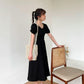 Female Simple Elegant Retro Platycodon Grandiflorum French Solid Color Square Collar Waist Show Slim Dress