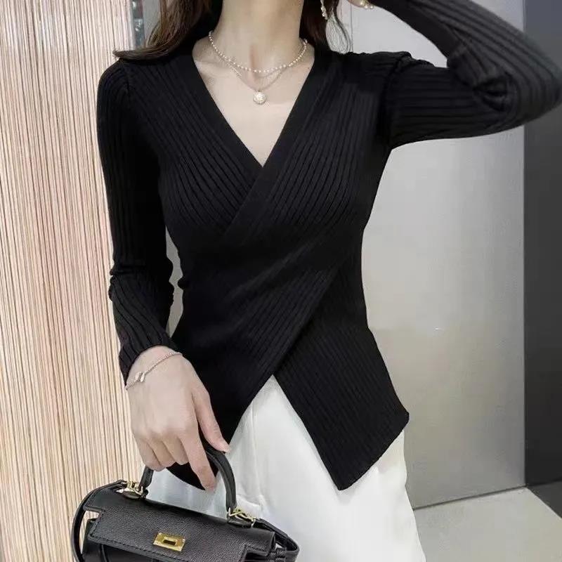 Women V-neck Pullovers Spring Slim Shirts Casual Long Sleeve Tee Temper Elegant Top
