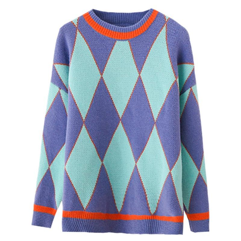 Women Retro Loose Sweater Color Block Diamond Check Pullover Sweater Round Neck Knit Jumpers Top Outwear