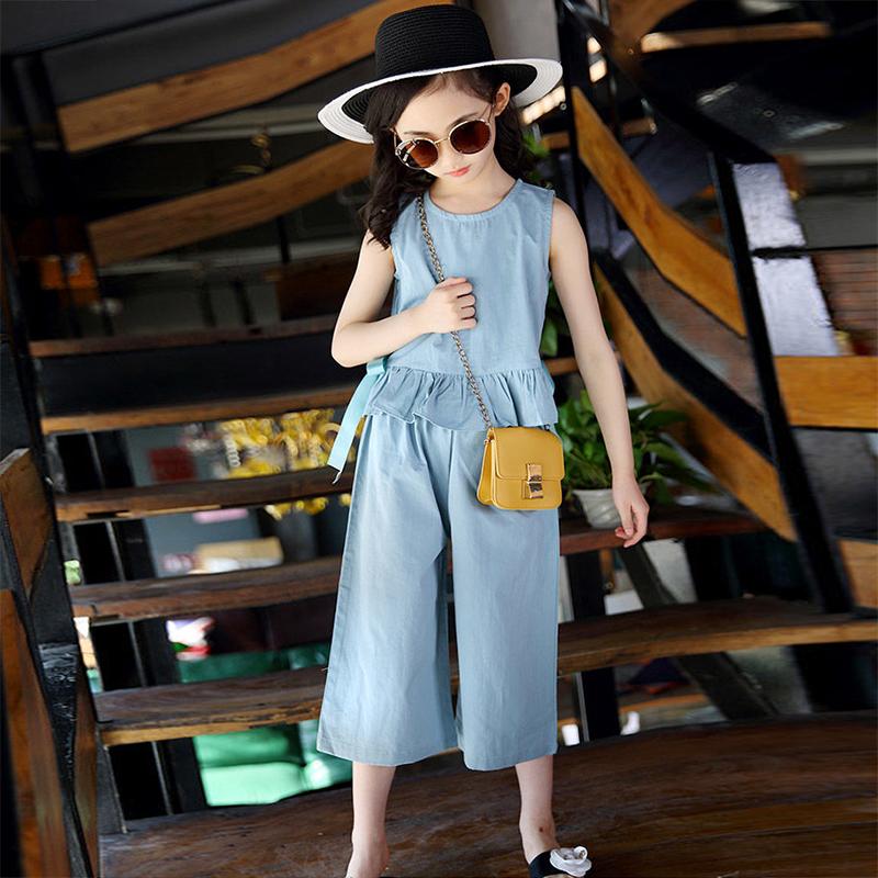 Girls' Suits Summer Clothes Western Style Children's Summer Cotton Domineering Girls Fashionable Wide-leg Pants Two-piece Suit