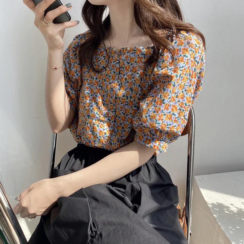 Chiffon Shirt Women's Foreign Style Small Retro Floral Cover Belly Student Top Loose Summer Korean New Short Sleeve