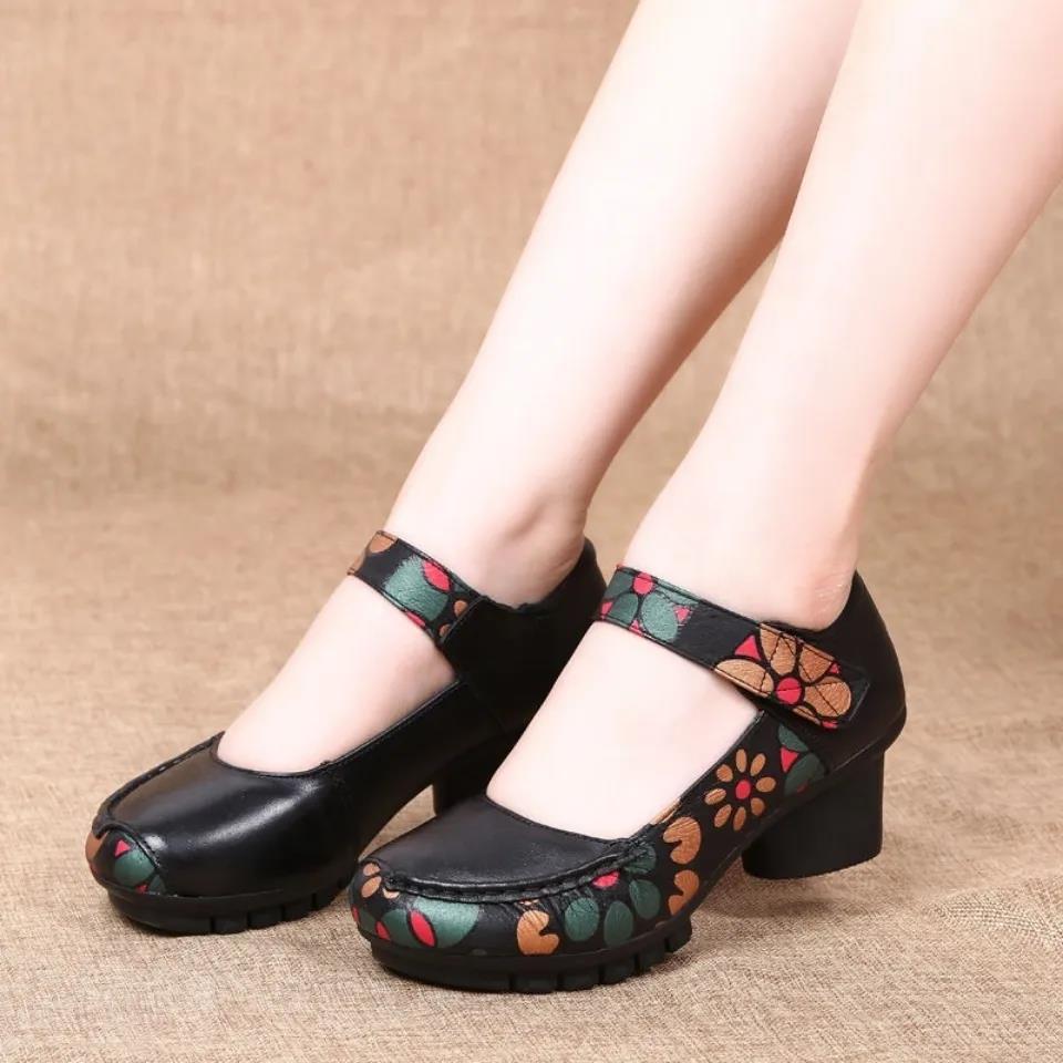 Ethnic Style Mid-heel Women's Single Shoes Casual Thick Heel Soft Sole Four Seasons Leather Shoes