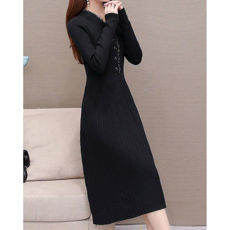 Thicken Warm Autumn and Winter Wool Waist Long-sleeved Bottoming Shirt Mid-length Knitted Dress Women