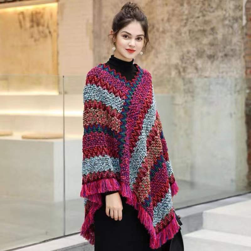 Ladies Ethnic Style Shawl Spring Autumn Striped Shawl Colorful Loose Coat Wild Bat-shaped Knitted Tassel Cloak Shawl Multifunctional Scarf Shawl