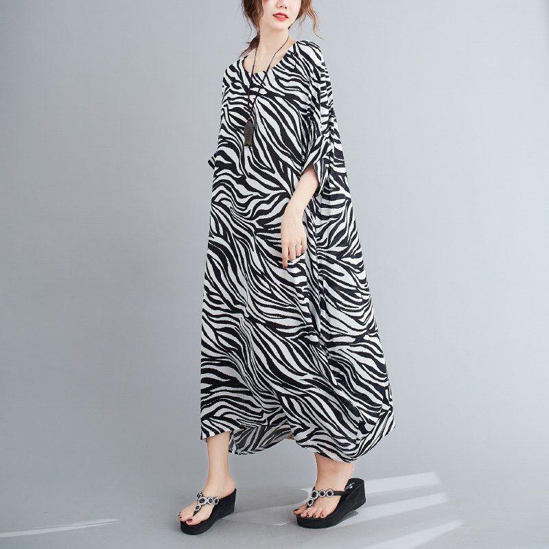 WTEMPO Zebra Pattern Plus Size Ladies Dress Summer Round Neck Long Dress Casual Mid-calf Length