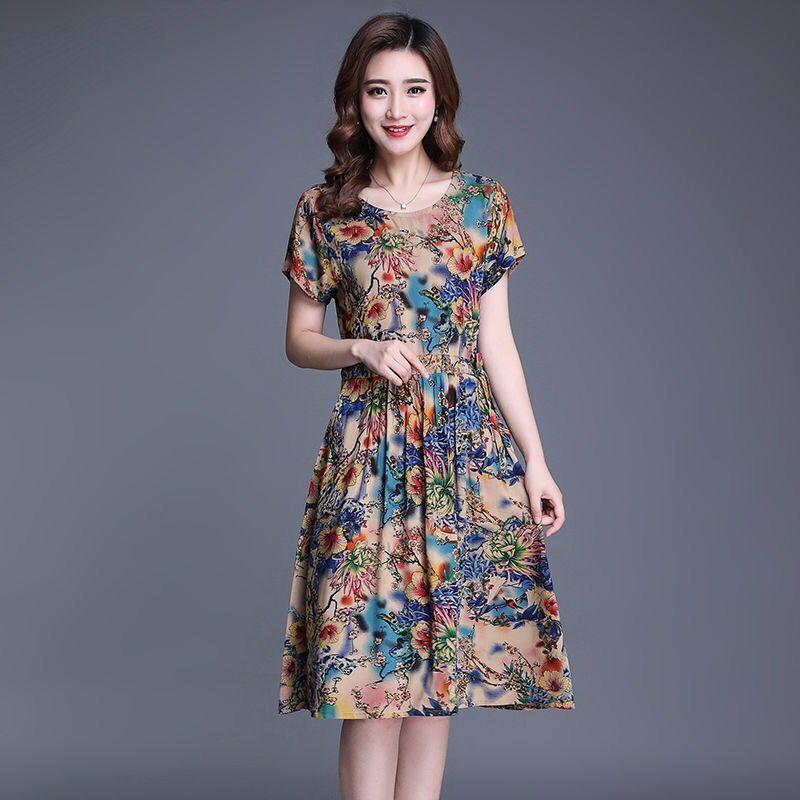 L-XXXXL Plus Size Women Summer Retro Mid-length Printed Over-the-knee Dress Short Sleeve Elastic Waist A-line Skirt