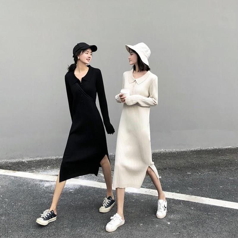 Autumn Mid-length Over-the-knee Bottoming Skirt Sweater Women's Pullover Polo Collar Loose and Thin Knitted Split Dress