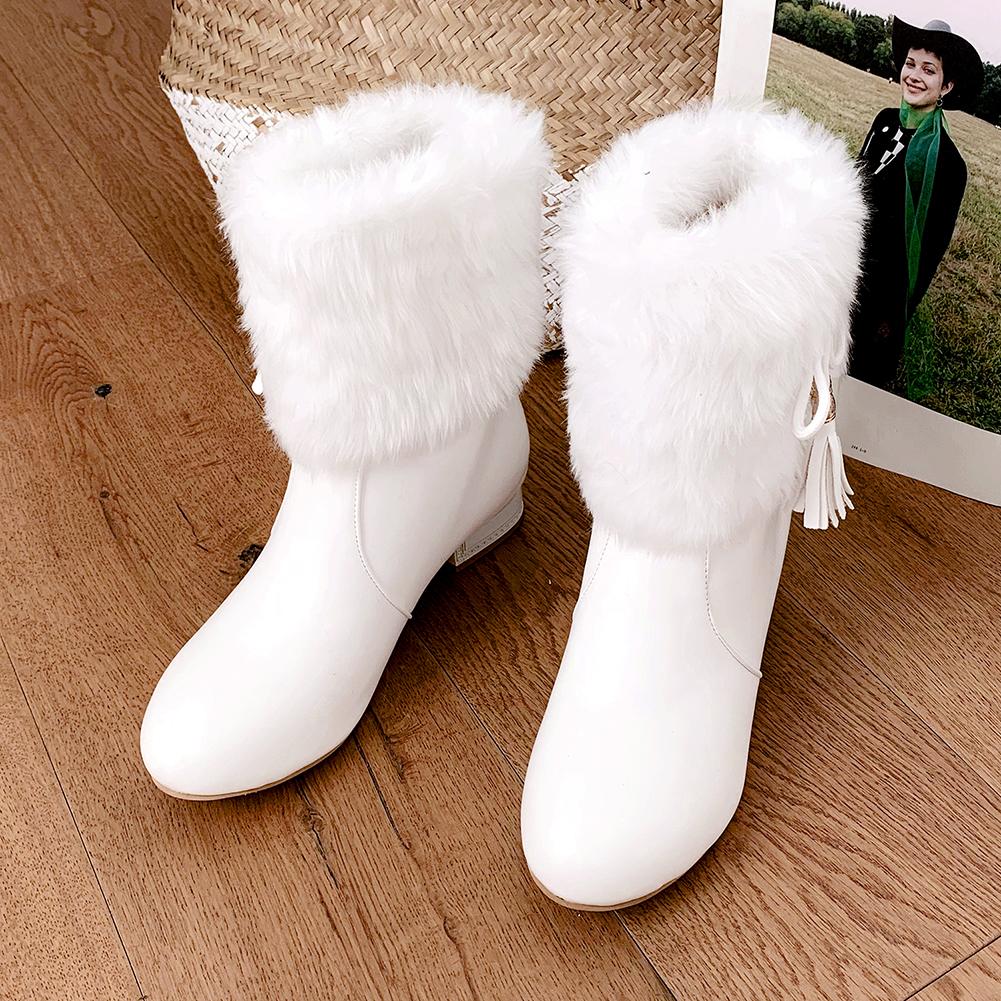 Snow Boots Short Plush Fleeces Square Heel Round Toe Slip On Solid Mid Calf Butterfly Knot Winter Boots Woman