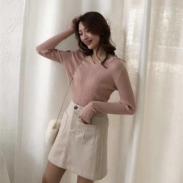 Knit Sweater Women's Long-sleeved V-neck Bottoming Shirt Thread Blouse Spring and Autumn Loose Sweater