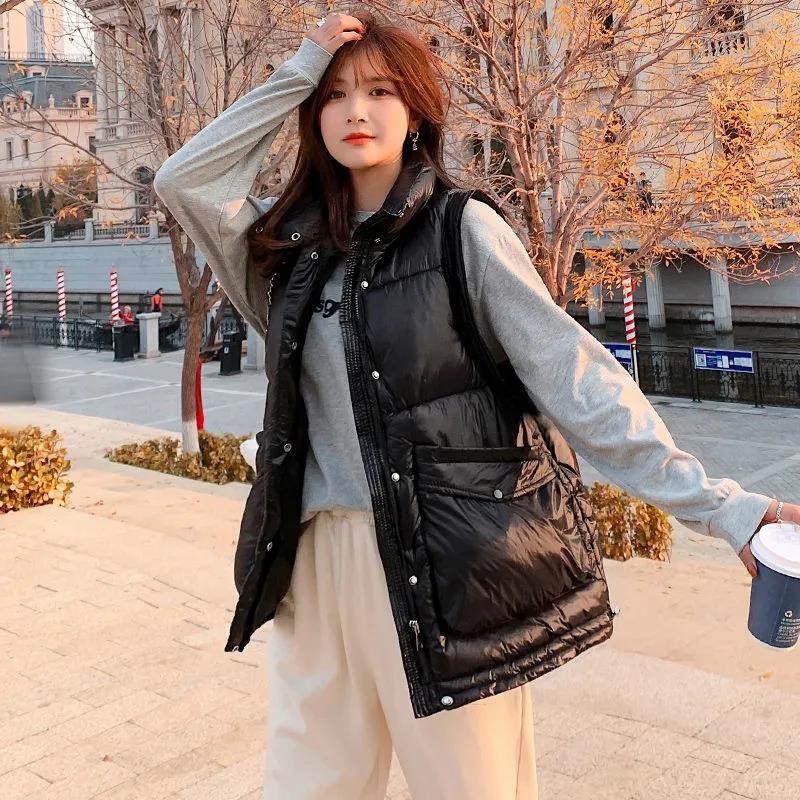 Winter Ladies Down Stand Collar Jacket Fashion Smooth Down Cotton Sleeveless Jacket Thick Warm Winter Vest