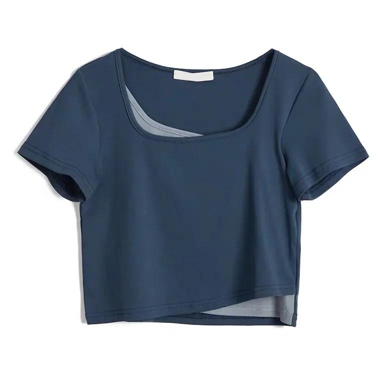 Two-piece Layered Airline Navy High Waist Straight Short Sleeve Top Women's T-Shirt