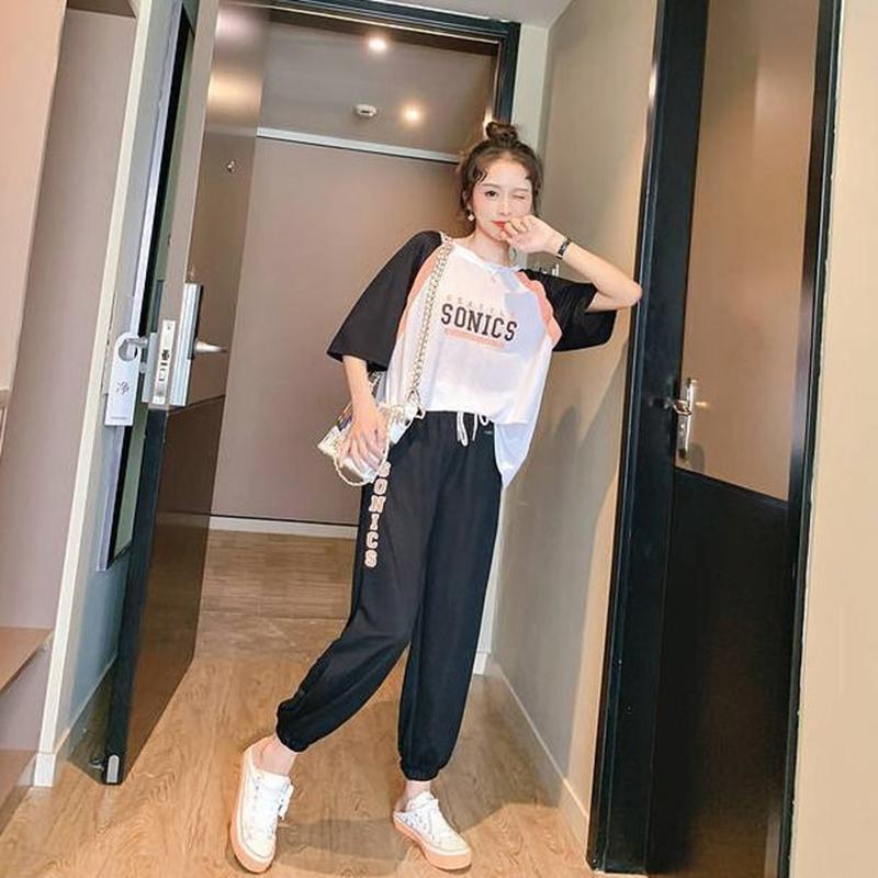 Cute Casual Sportswear Suit Female Summer Two-piece Suit Loose Cool Round Neck Short-sleeved T-shirt + Loose Sports Pants Fabric Light and Breathable