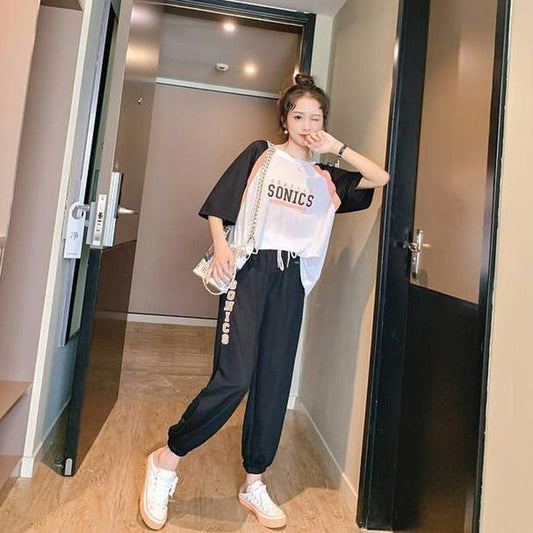 Cute Casual Sportswear Suit Female Summer Two-piece Suit Loose Cool Round Neck Short-sleeved T-shirt + Loose Sports Pants Fabric Light and Breathable