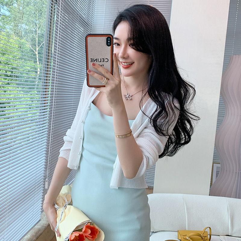 Summer Thin Knitted Sunscreen Cardigan Women's Slim All-match Solid Color Pearl Buckle Ice Silk Short Top