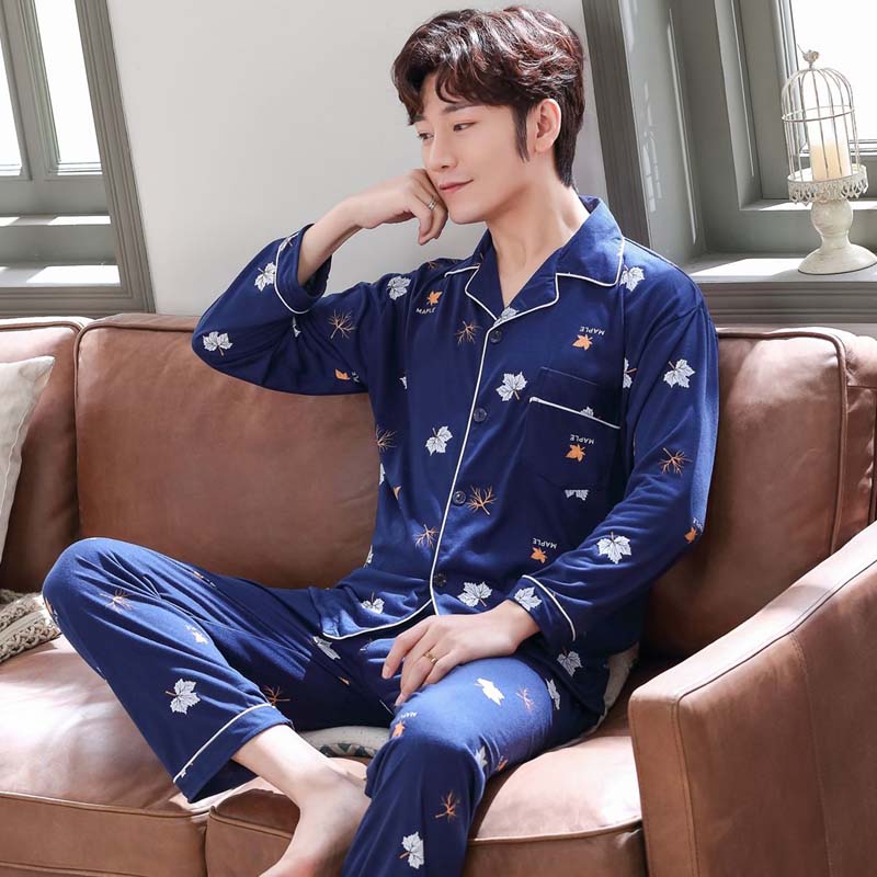 Men's Pajamas Spring and Autumn Pajamas Men's Cotton Long-sleeved Trousers Cardigan Young Middle-aged Home Clothing