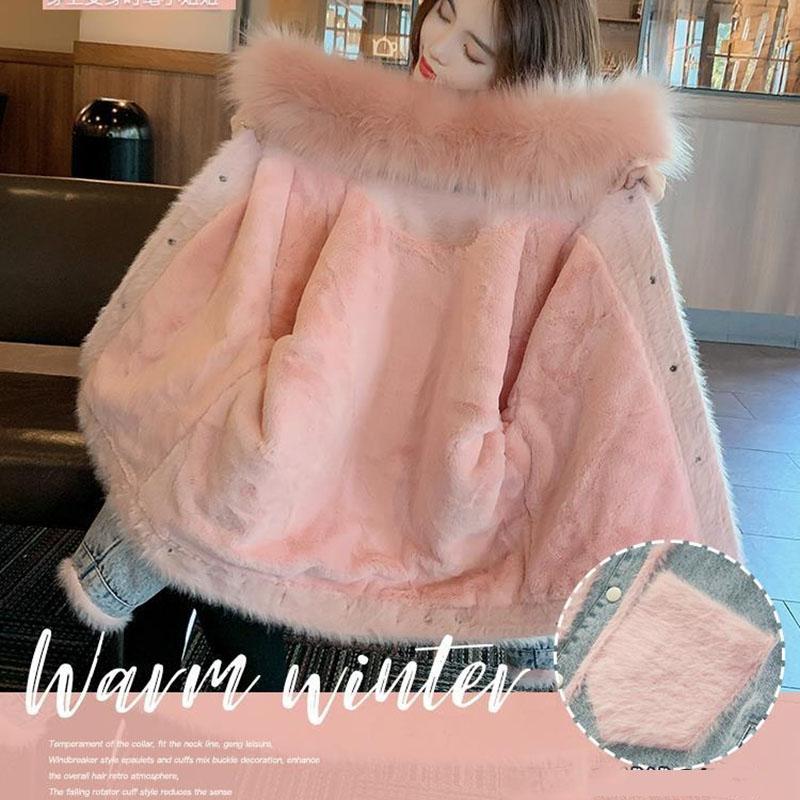 Big Faux Fur Collar Denim Jacket Women Winter Hooded Warm Jean Jacket Student Basic Short Parkas Female Bomber Coat