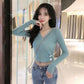 Spring and Autumn Long-sleeved Knit Bottoming Shirt Thin Cross V-neck Tight Top Women Short Sweater