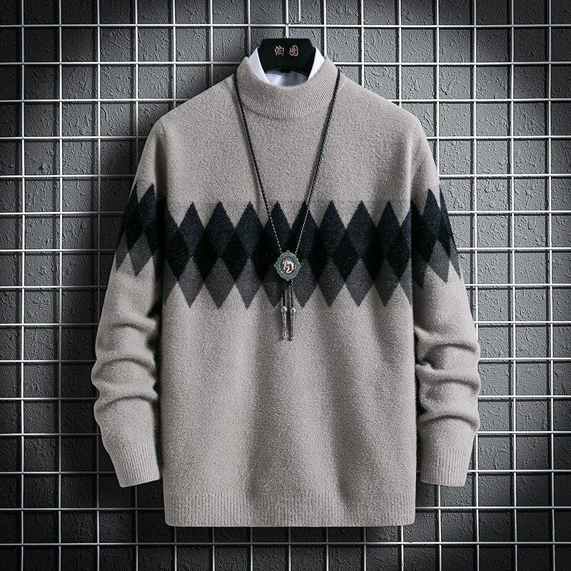 Onnestun Sweater Men Winter Long Sleeve Men's Knitted Pullover Casual Warm Imitation Mink Half High Collar Sweaters Man Tops