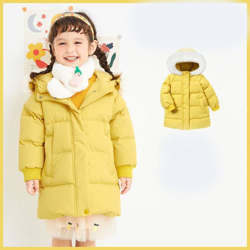 Children's Windproof Mid-length Girls' Warm Down Jacket Thickened Fur Collar Winter Coat
