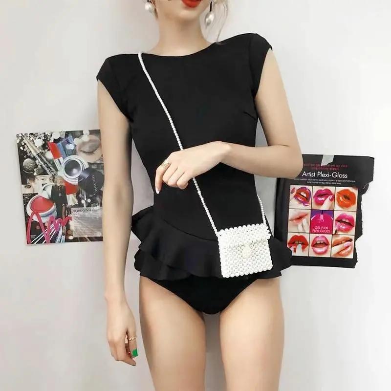 Korean Sexy Backless Triangle One-piece Swimsuit Women Cover Belly Slim Conservative Beach Swimsuit Sleeveless Irregular Hem Bikini Swimwear