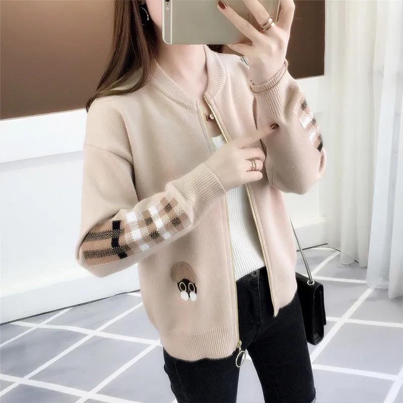 Cardigan Coat Women's Knitted Top Cute Cartoon Embroidered Plaid Sleeves Spring Autumn Short Coat Loose All-match Long-sleeved Outer Wear