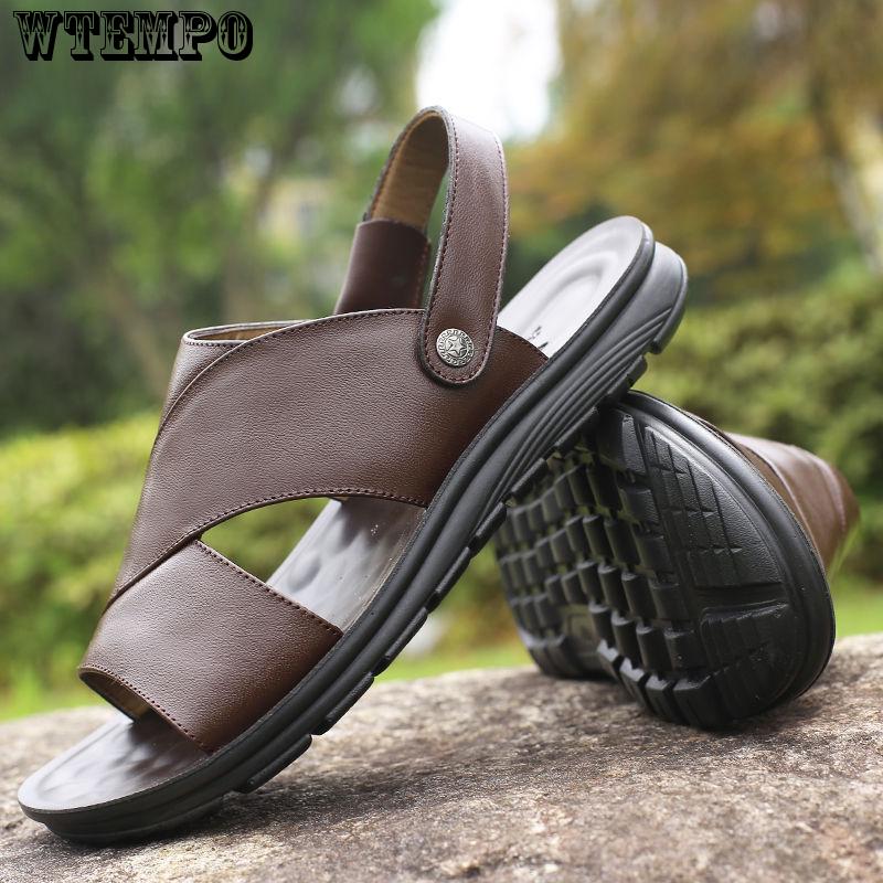 Leather Sandals Fashion Men Clip Toe Casual Shoes Beach Slip On Flat Slippers
