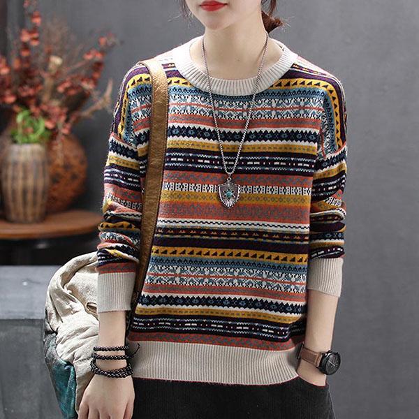Round Neck Sweater Women Ethnic Style Vintage Thick Warm Knitted Sweater Loose Large Size Pullover Sweater Autumn and Winter
