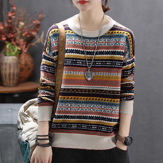 Round Neck Sweater Women Ethnic Style Vintage Thick Warm Knitted Sweater Loose Large Size Pullover Sweater Autumn and Winter