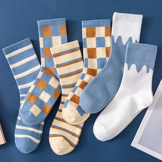 Five Pairs of Women's Socks Korean Fashion Plaid High Socks Autumn and Winter Retro Wild Pile Socks