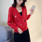 Spring and Autumn Fashion Simple Coat V-neck Loose Cardigan Top Love Pattern Female Sweater