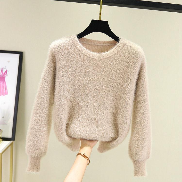 Pofulove 8 Colors Cute Long Latern Sleeve Knitted Shirt O-neck Loose Blouse Simple Color Sweaters
