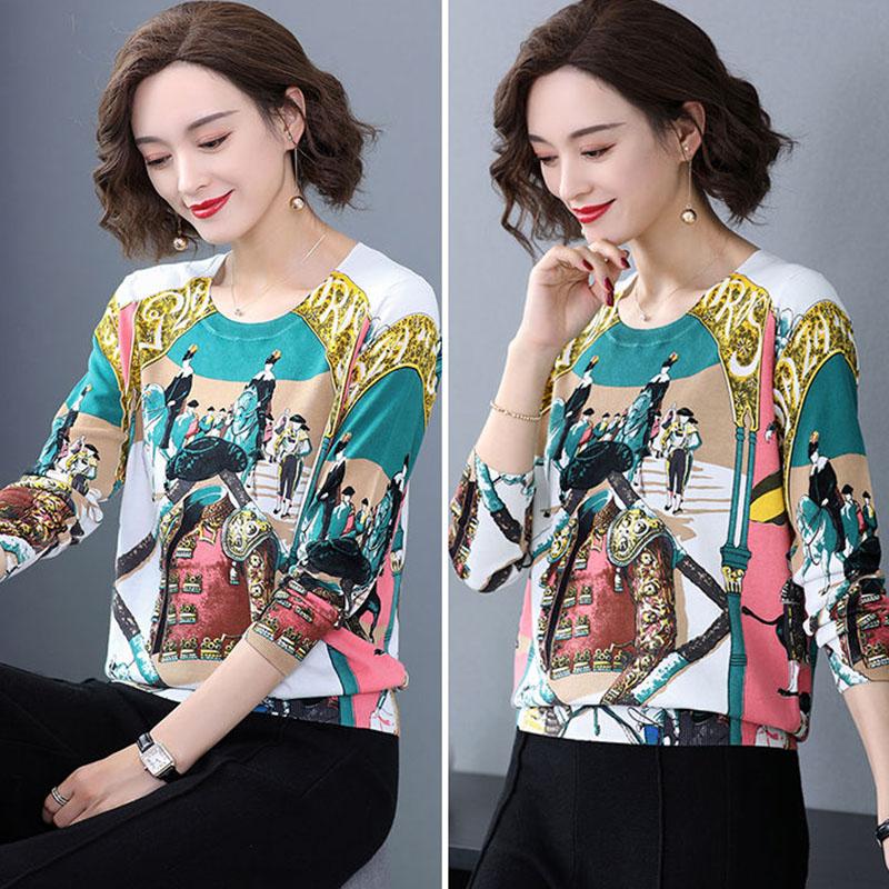 Autumn Winter Fashion Printed Pullover Knitted Sweater Vintage Middle-aged Women  High-end Cashmere Sweater