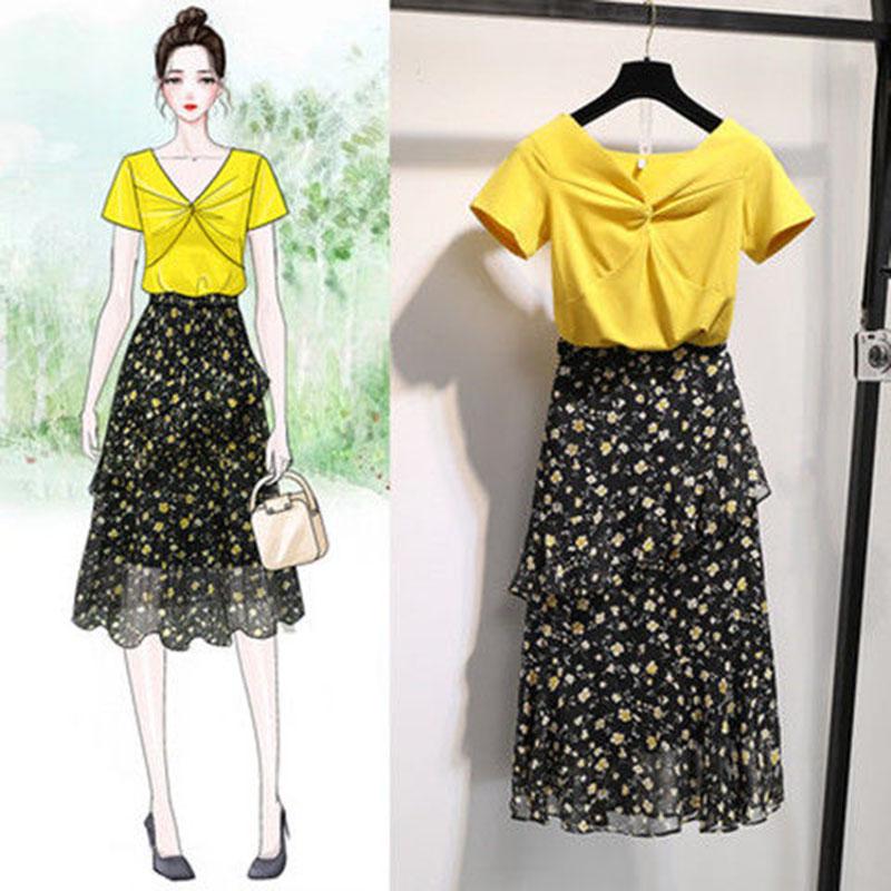 Summer Skirt Two-piece Set Women V-neck Short-sleeve T-shirt Top Korean Irregular Midi Floral Pleated Skirt Two-piece Suit Plus Size