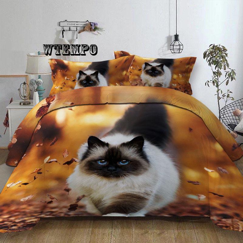 3pcs Cute 3D Autumn Cat Cat Print Duvet Cover Pillow Case Zipper Kids Bedding Set Bedclothes