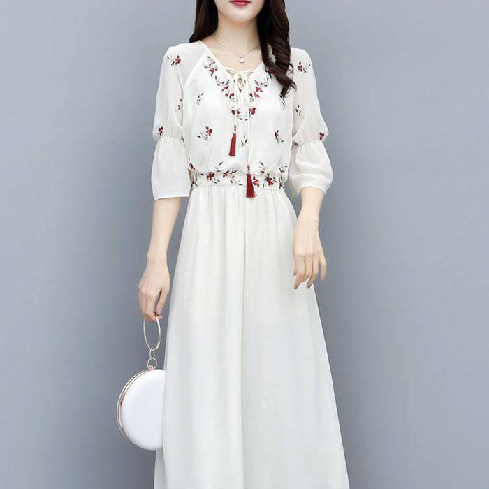 Pofulove XS-3XL Women Floral Chiffon Dress Office Lady Slim Short-sleeved V-neck A-line Beach Dress