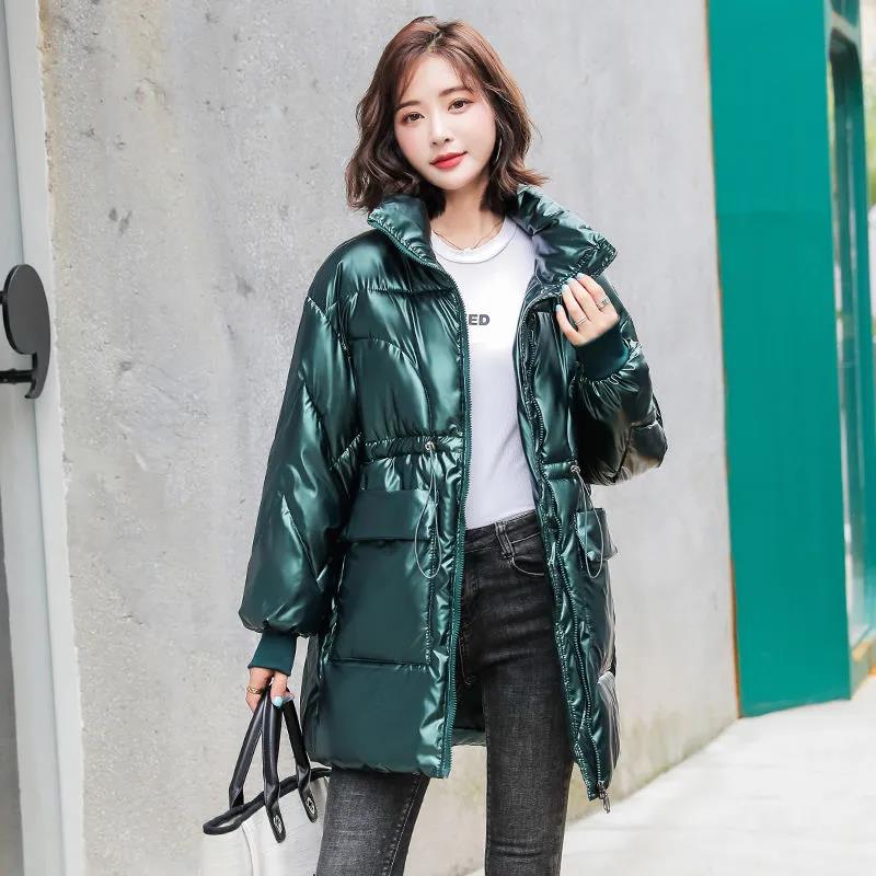 Down Cotton Jacket Winter Loose Korean Color Shiny Face-free Collar Mid-length Cotton Jacket Women