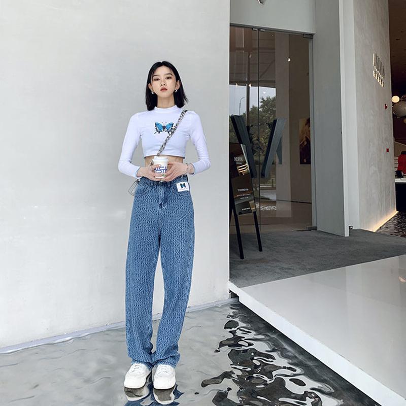 Spring  Autumn Plus Size Loose Woven Denim Wide-leg Trousers   Straight Thin High-waist Casual Mopping Pants Women