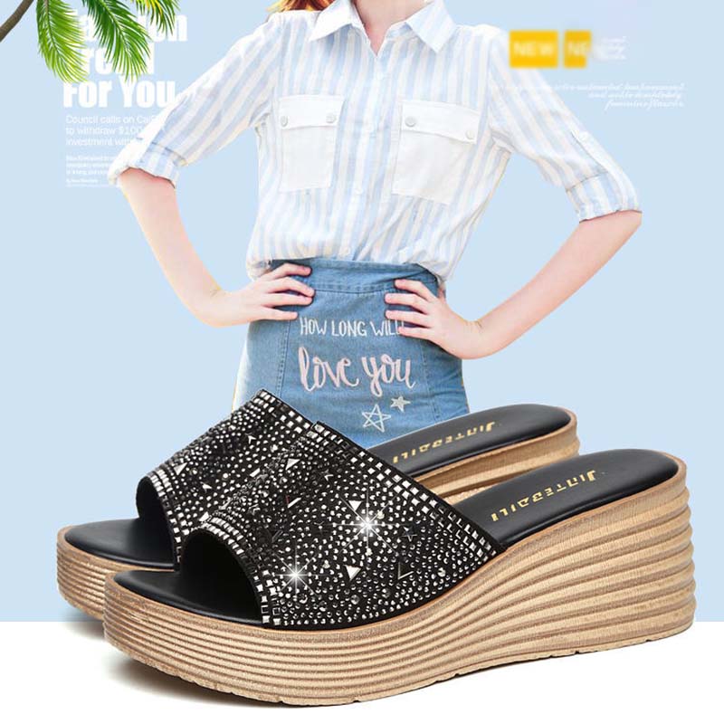 Women's Sandals and Slippers for Summer Wear Non-slip Fashion High-heeled Slope with Flip-flop Platform Rhinestone Slippers
