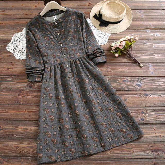 Floral Dress O Neck Long Sleeve Button Cotton Linen A-Line Midi Dresses Elegant Party Vintage Vestidos