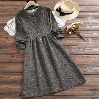 Floral Dress O Neck Long Sleeve Button Cotton Linen A-Line Midi Dresses Elegant Party Vintage Vestidos