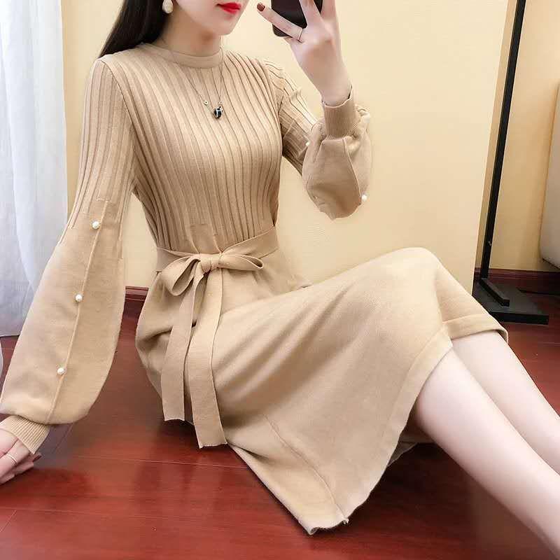 Autumn and Winter Long Solid Color Sweater Knitted Lantern Sleeve Dress Fashion Simple Women Sweater Dress
