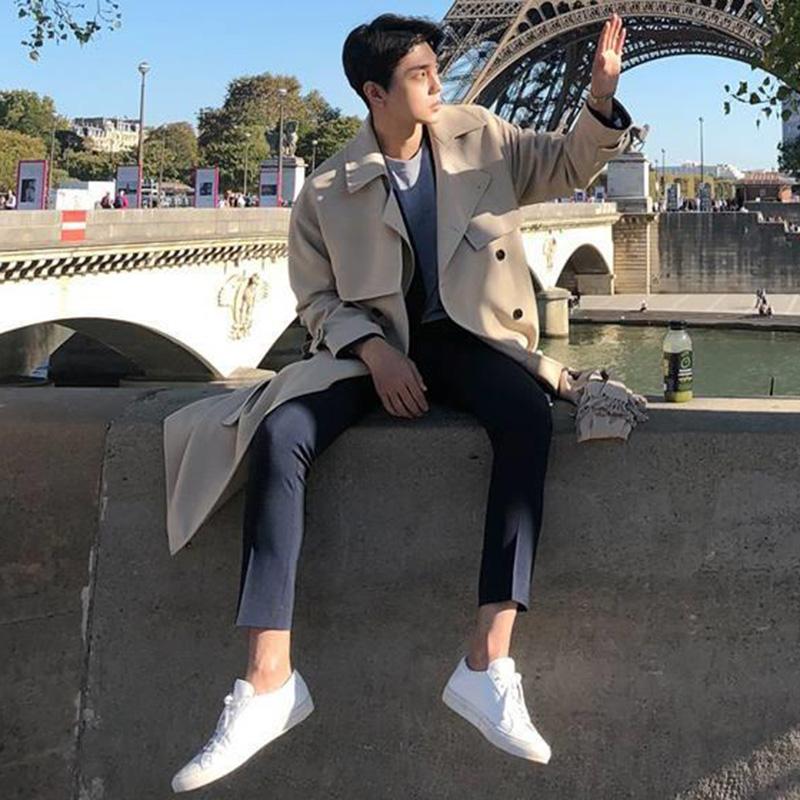 Spring New Windbreaker Men's Mid-length Korean Version Trend British Style Handsome Over The Knee Men's Khaki Coat