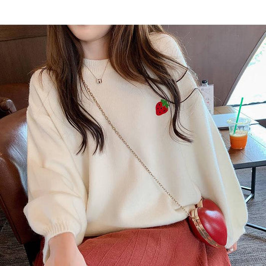 Fruit Embroidered Loose Sweater Women's Long-sleeved Round Neck Pullover Sweater Wild