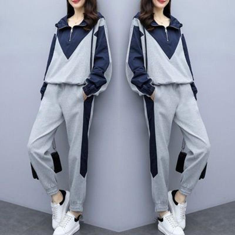 Sports Suit Women's Spring and Autumn Hooded Zipper Loose and Thin Stitching Fashion Casual Two-piece Trendy