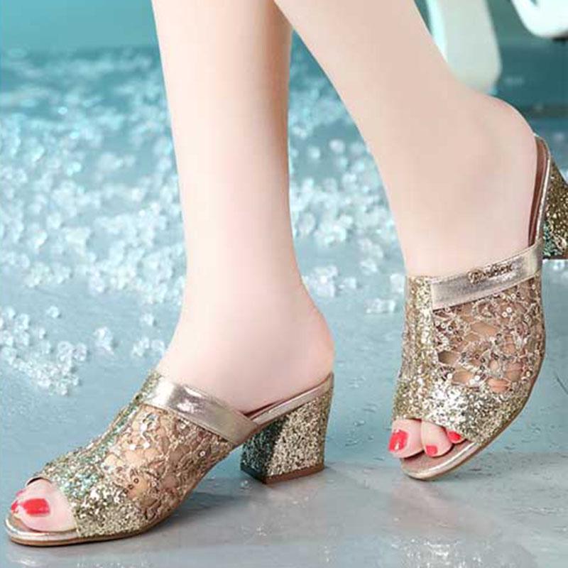 Plus Size 35-40 Women All-match Shiny Slippers Outdoor Diamond High Heels Bohemian Beach Wear-resistant Non-slip Slippers Mesh Sandals