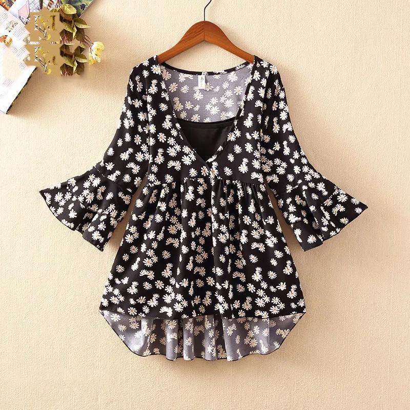 Floral chiffon shirt female summer student large size loose shirt short-sleeved top