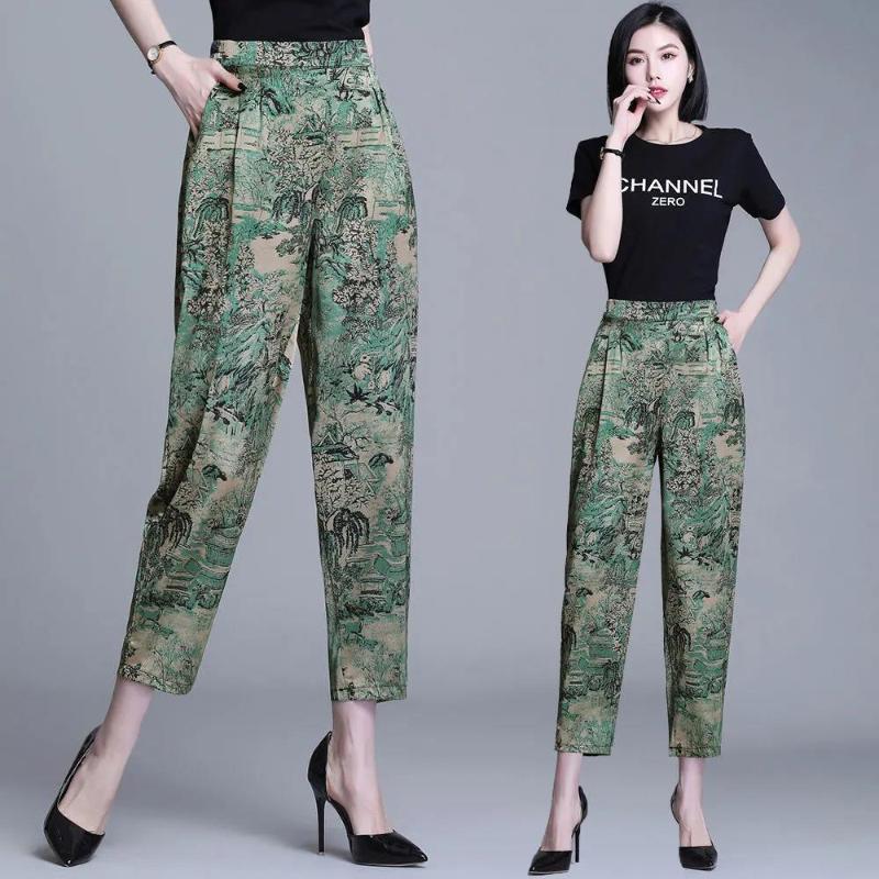 Imitation Silk Spring and Summer Retro Printed Cropped Trousers Middle-aged and Elderly Large Size Loose Harem Pants Women